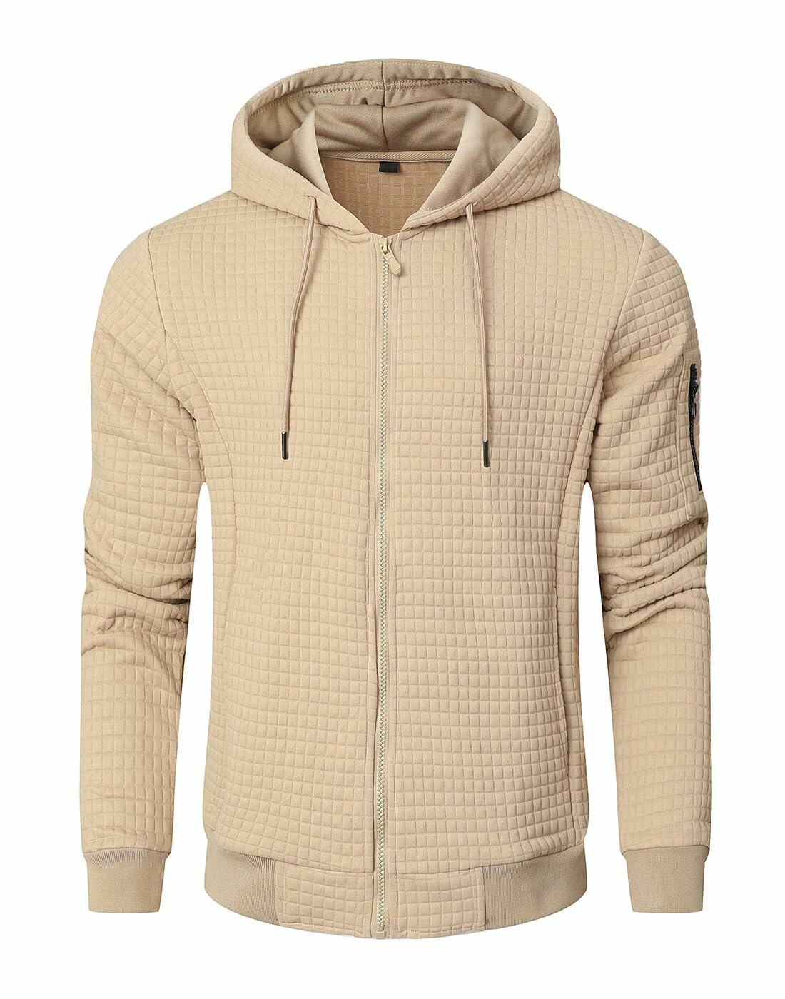 Men's khaki quilted full-zip hoodie with hood and drawstring, zip front