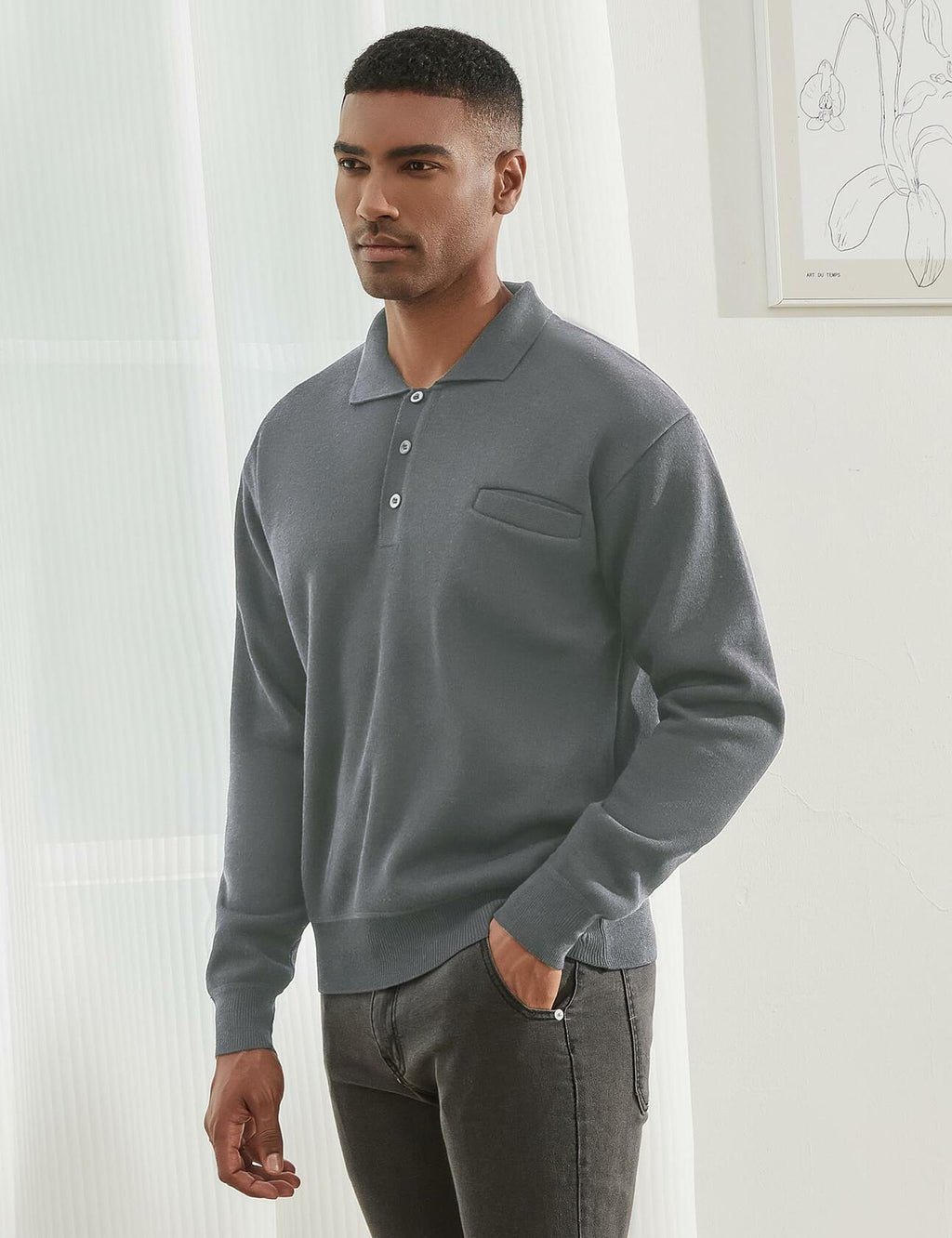 Men's grey knit polo sweater with long sleeves, collar, button placket, chest pocket