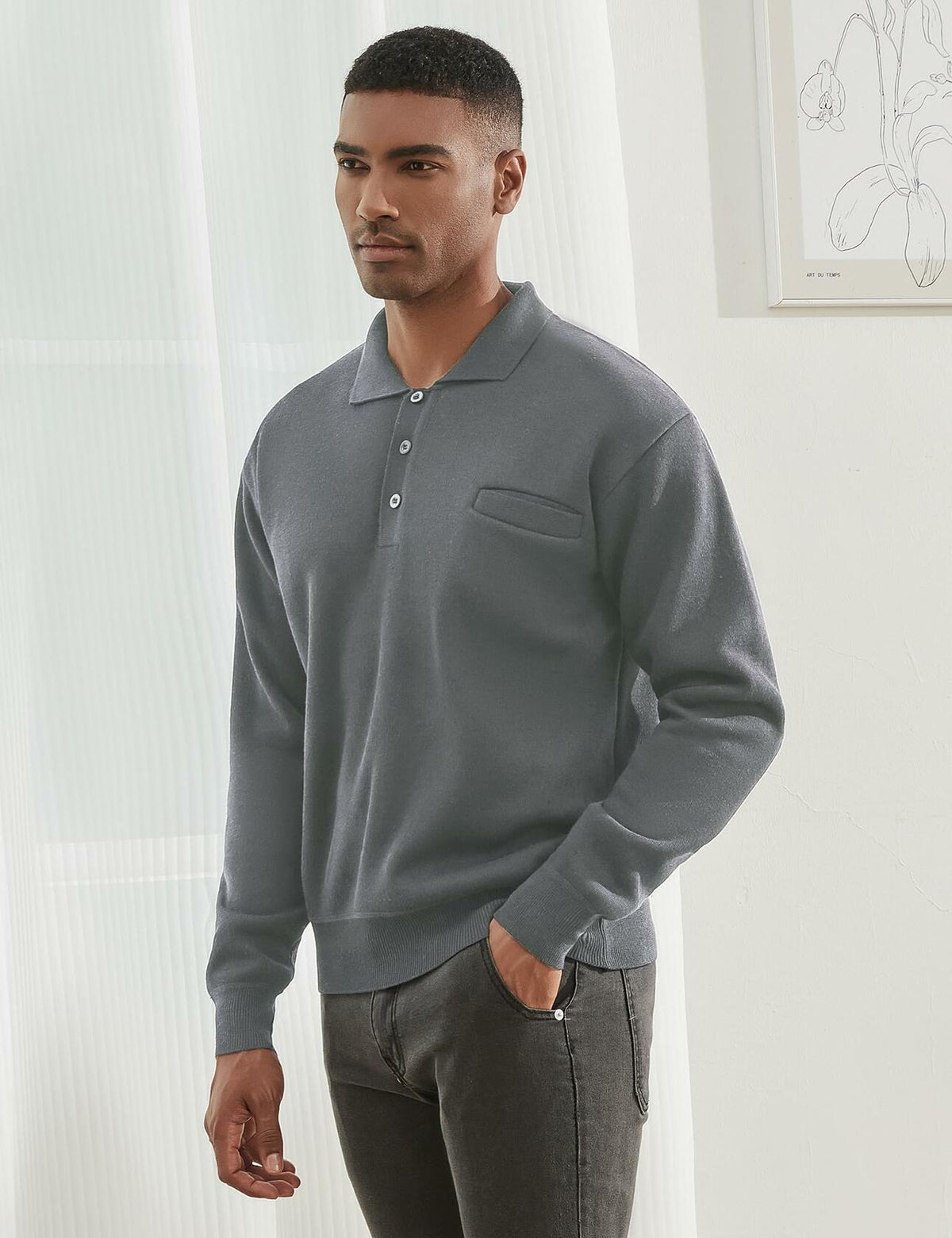 Men's grey knit polo sweater with long sleeves, collar, button placket, chest pocket