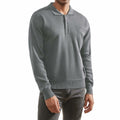 Men's grey knit polo sweater with long sleeves, ribbed hem, button placket, collar