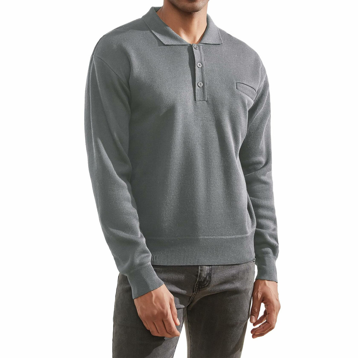 Men's grey knit polo sweater with long sleeves, ribbed hem, button placket, collar