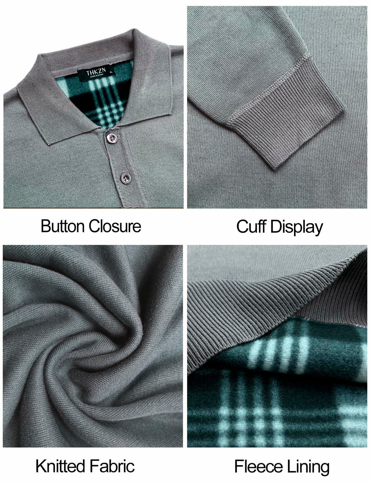 Grey knit polo sweater details: button placket, ribbed cuffs, fleece lining plaid