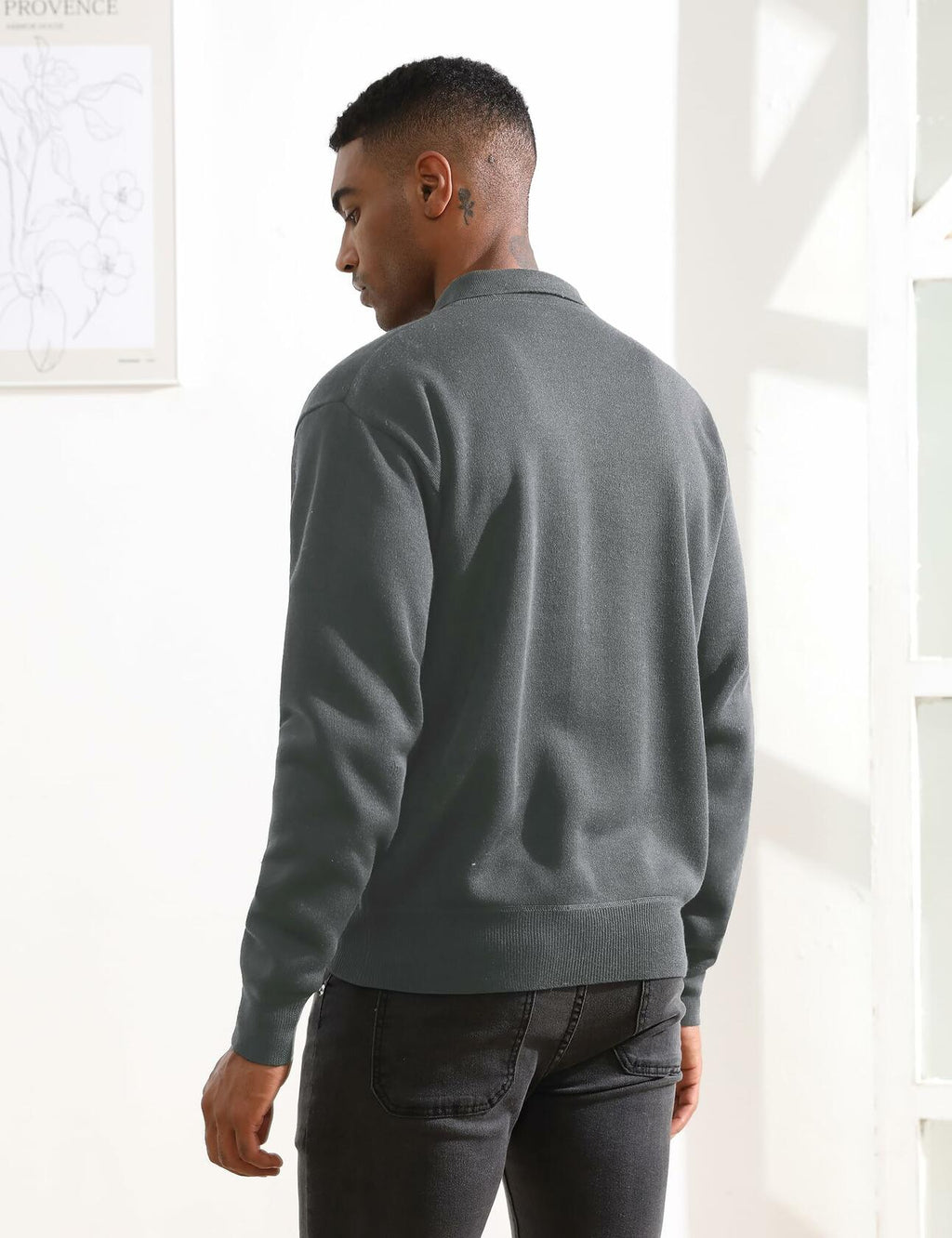 Men's grey knit polo sweater back view with long sleeves and ribbed hem