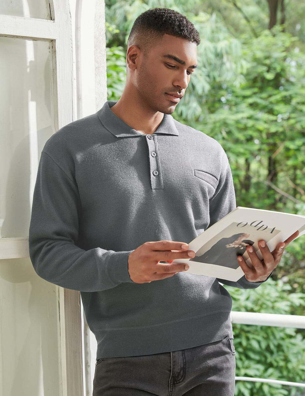Men's grey knit polo sweater long sleeves with collar and button placket