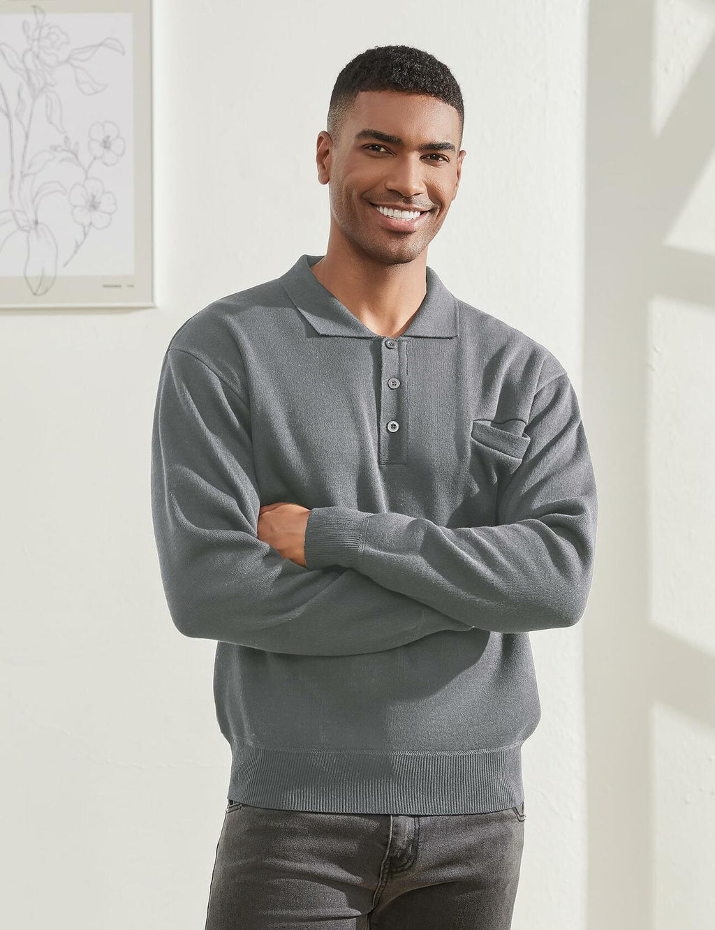 Men's grey knit polo sweater front view with long sleeves, collar, button placket, pocket