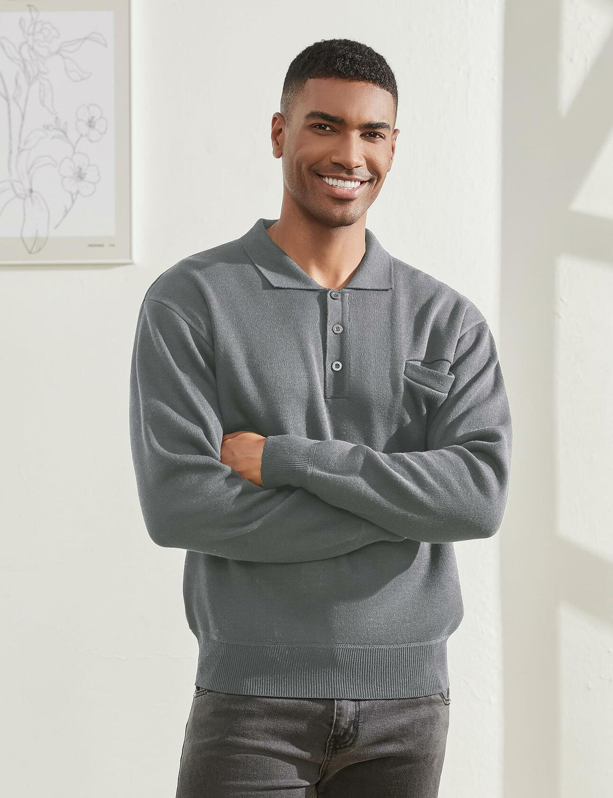 Men's grey knit polo sweater front view with long sleeves, collar, button placket, pocket