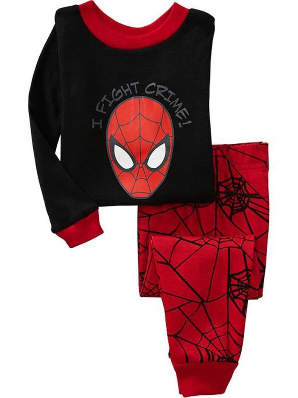 Toddler boys pajama set with black top and red web-print pants, round neckline