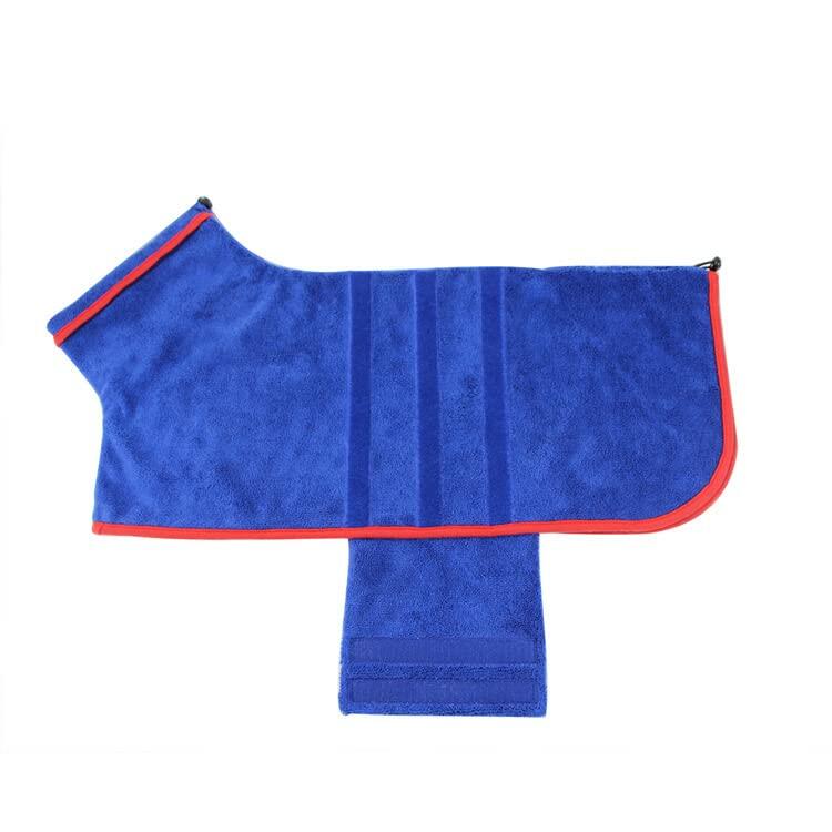 Blue microfiber dog drying robe towel with red edge trim and two rear strap loops