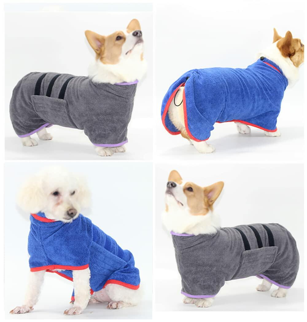 Dog drying robe shown in gray with purple trim and blue with red trim on small dogs