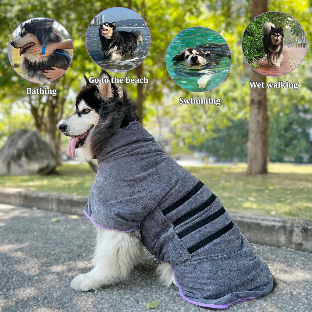 Gray microfiber dog drying robe with purple trim; adjustable drape around body and neck