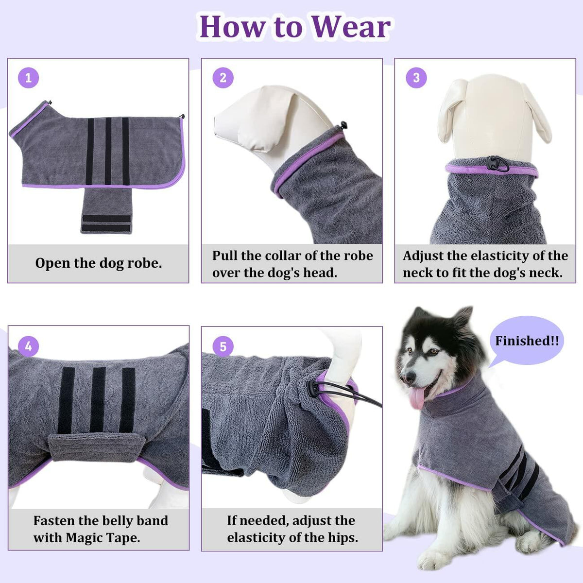 Gray dog drying robe showing adjustable elastic neck band and belly drawstring strap