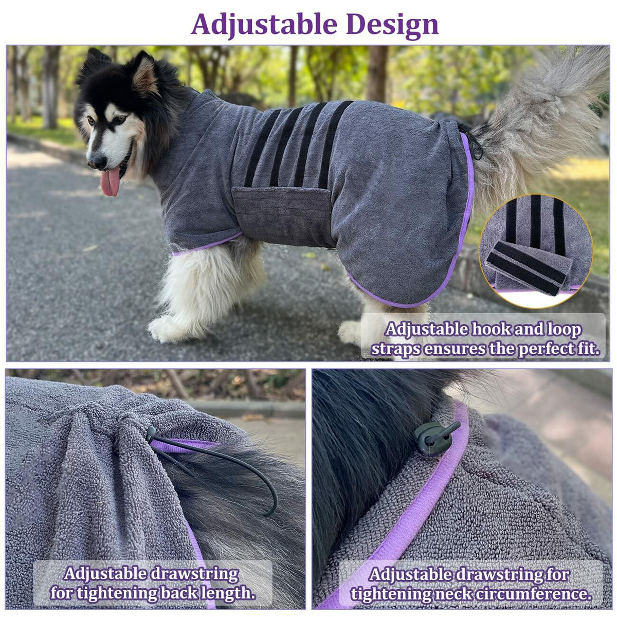 Gray dog drying robe with purple piping, front pocket, and adjustable hook-and-loop straps