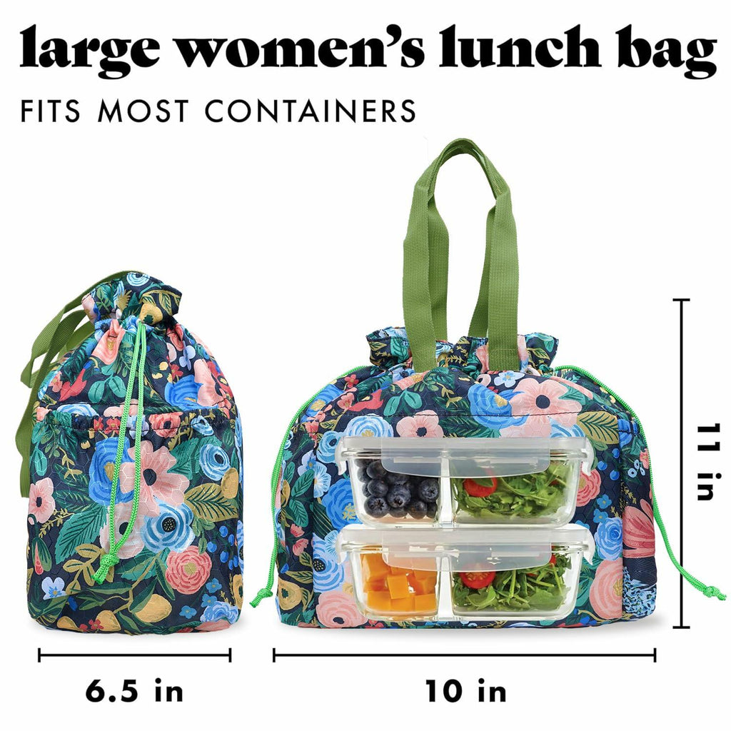 Large floral insulated lunch bag with drawstring top, holding food containers.