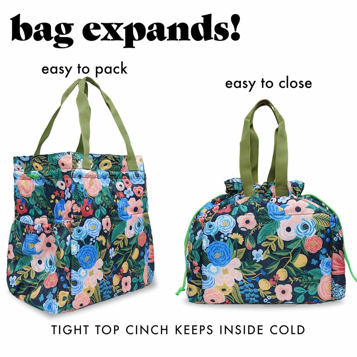 Floral insulated lunch bag shown opened and cinched closed with green handles.