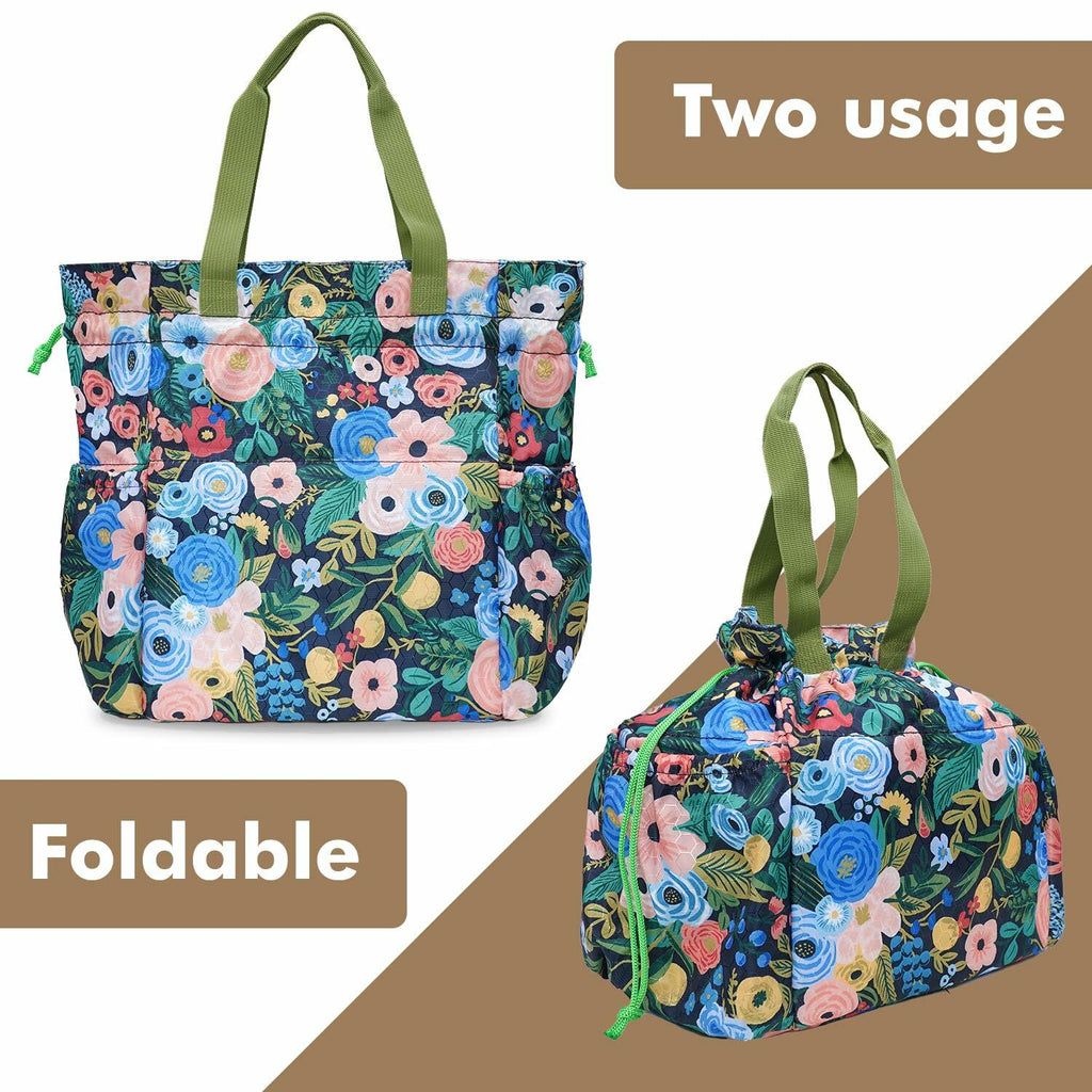 Floral insulated drawstring lunch bag with green handles, shown foldable for storage.