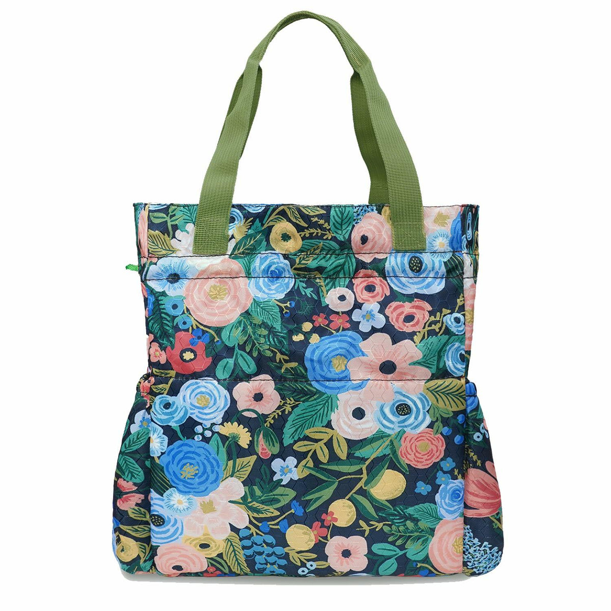Floral insulated lunch bag with drawstring top and green carry handles.
