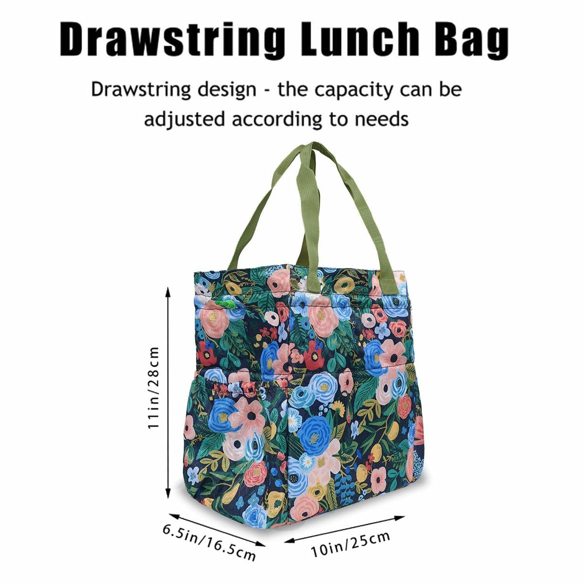 Floral drawstring lunch bag with green handles and adjustable cinch closure.