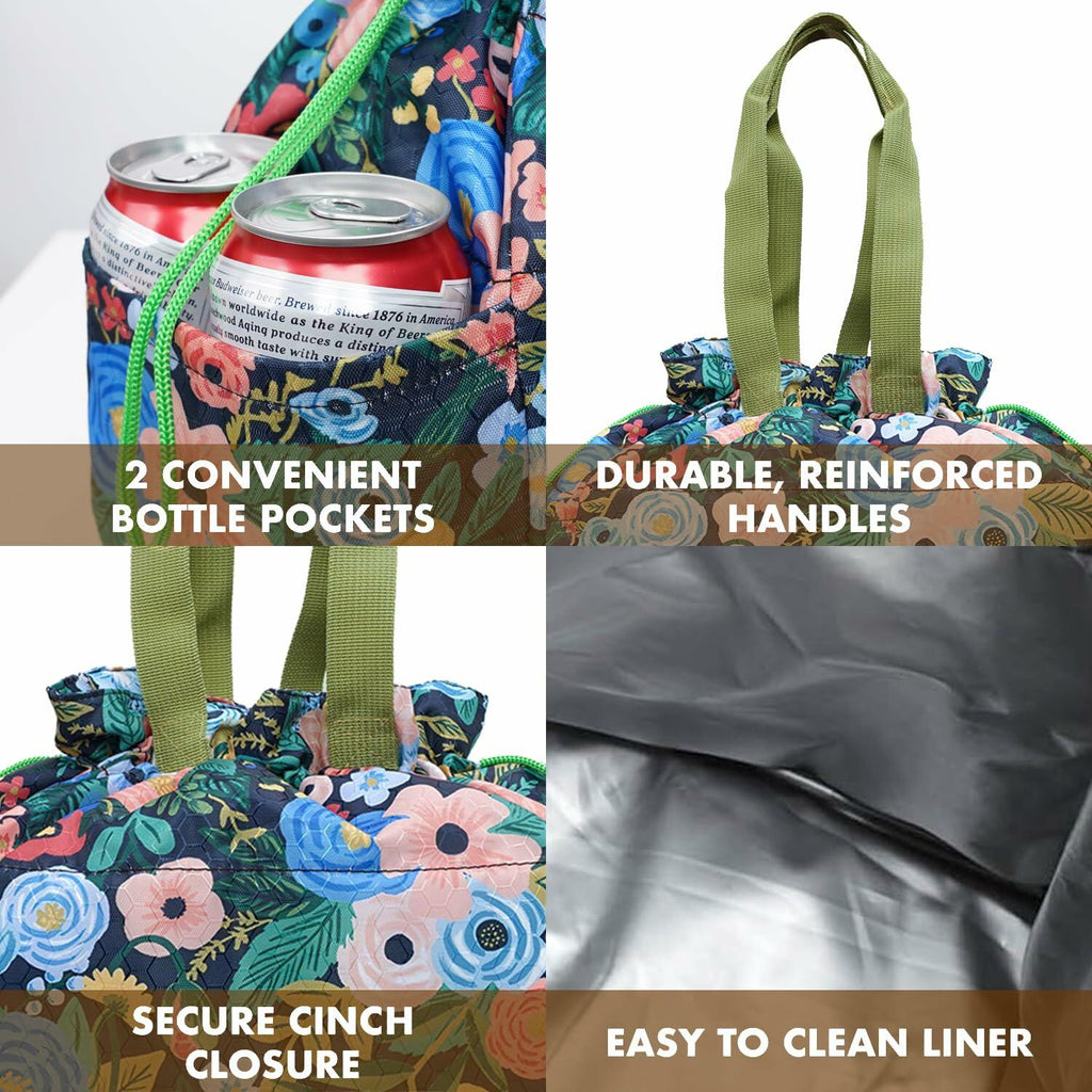 Floral lunch bag with secure cinch, two bottle pockets, reinforced handles, wipe-clean liner.