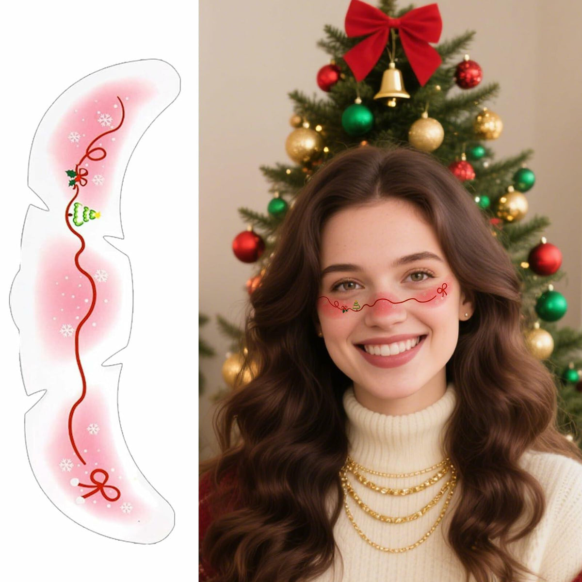 Temporary glitter freckle tattoo patch sheet with pink bow and red line motifs