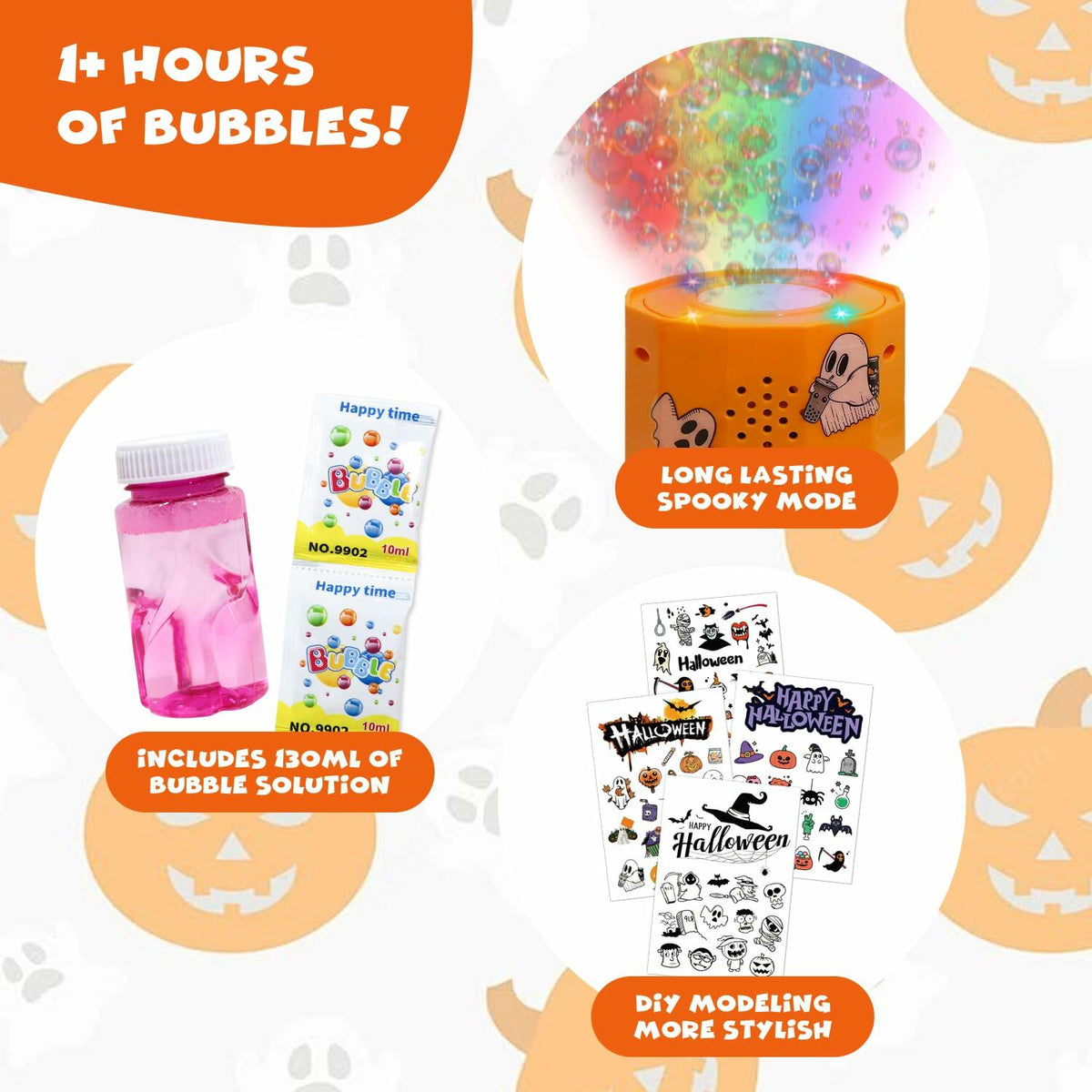 Orange Halloween bubble machine with glowing dome top and bubble solution kit