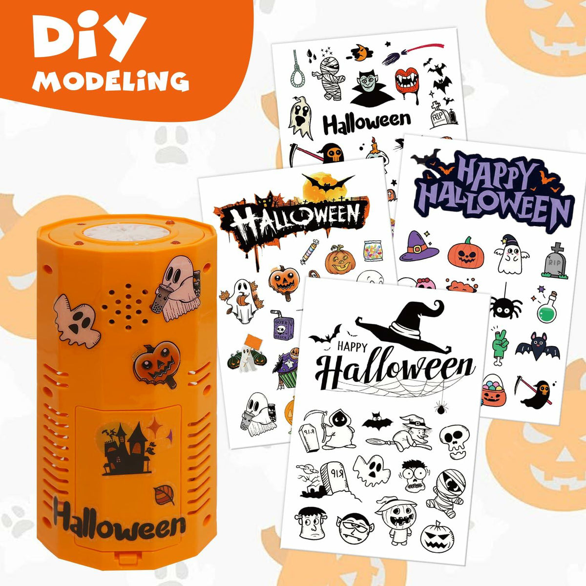 Orange Halloween bubble machine with glowing top and included sticker sheets