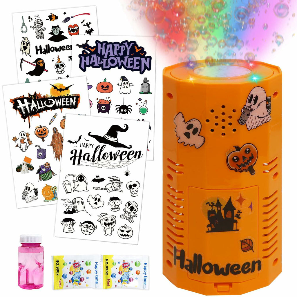 Portable Halloween bubble machine with orange body, glowing top, and spooky graphics
