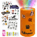 Portable Halloween bubble machine with orange body, glowing top, and spooky graphics
