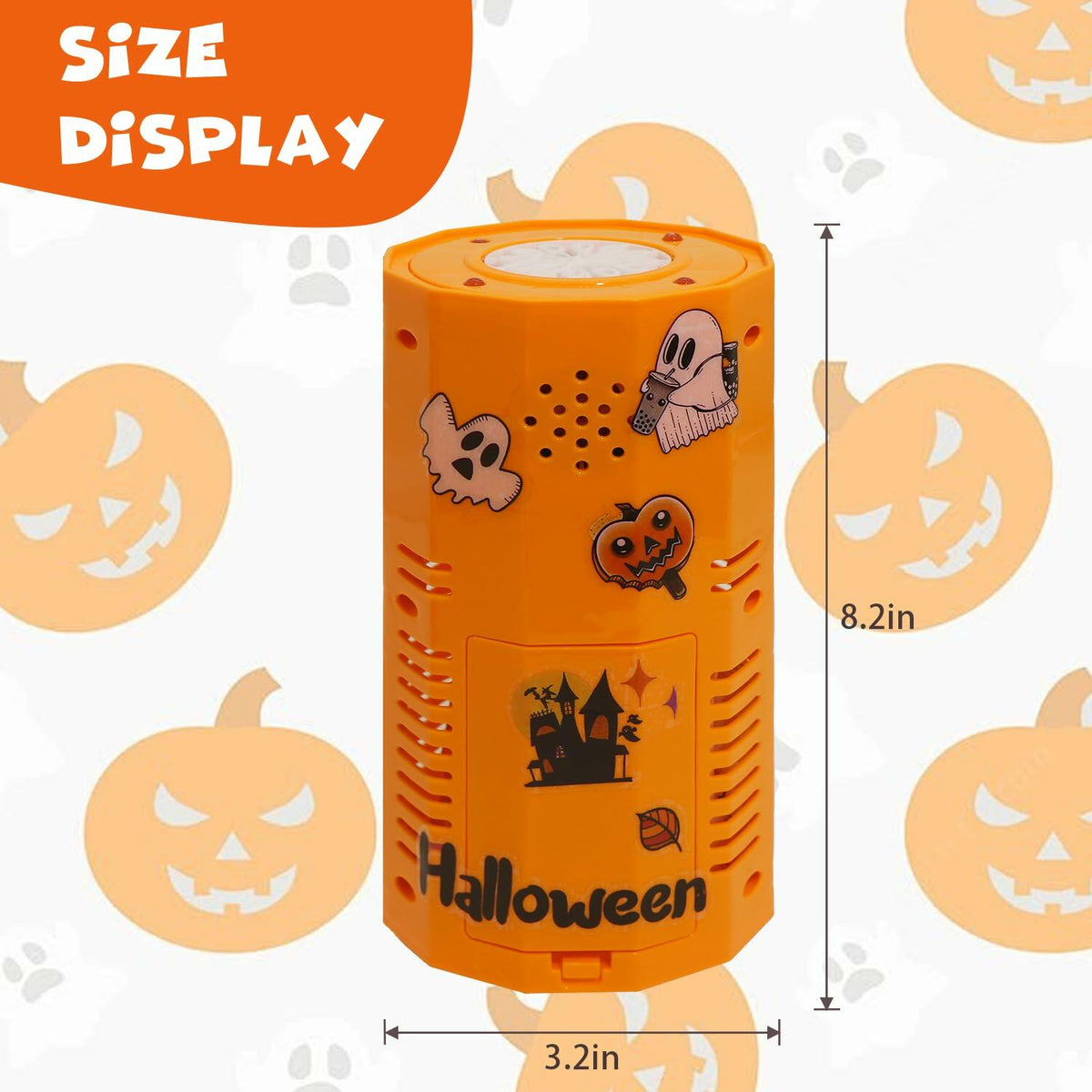 Orange Halloween bubble machine with glowing top and spooky front scene
