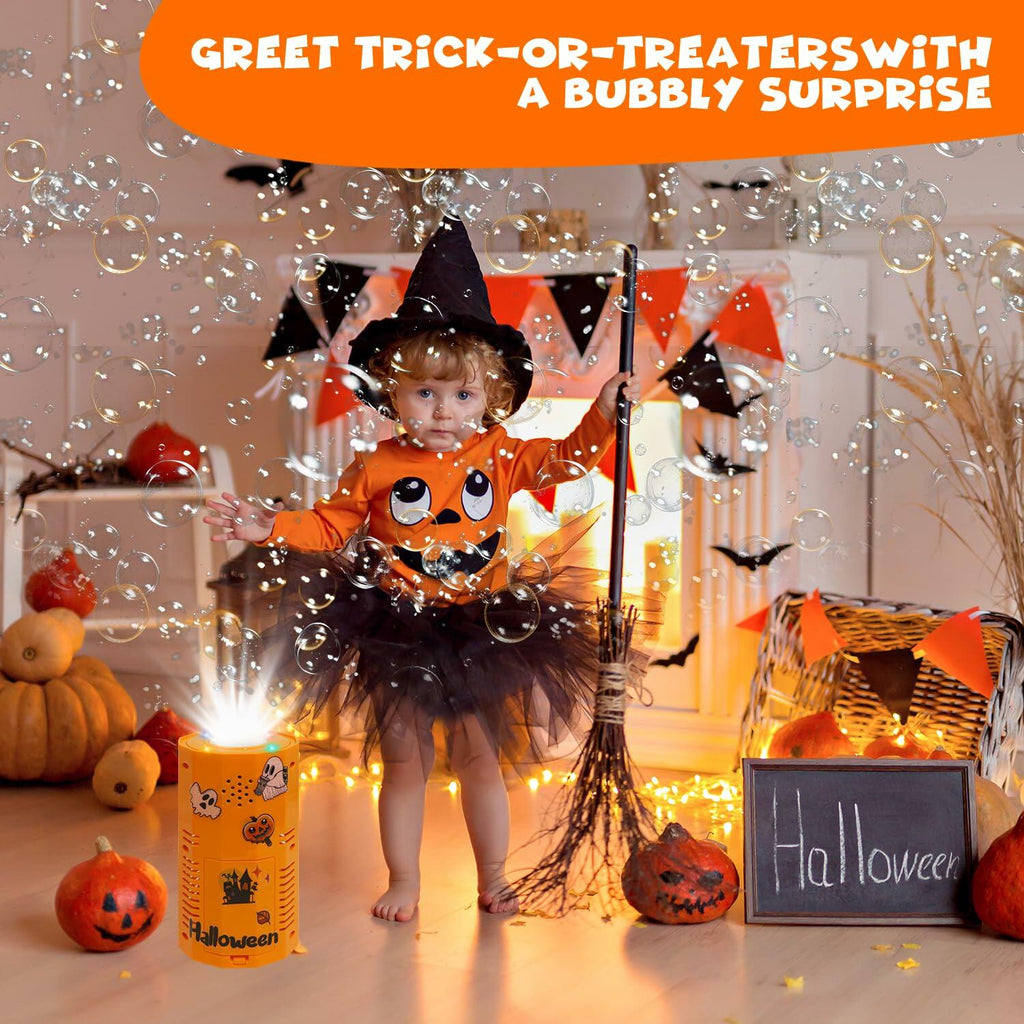 Orange Halloween bubble machine with glowing top producing bubbles outdoors