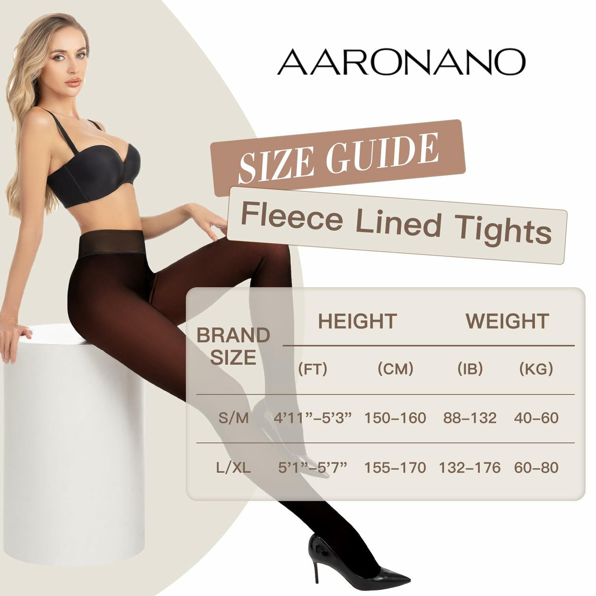 Aaronano fleece-lined tights in dark brown, shown with a size guide layout
