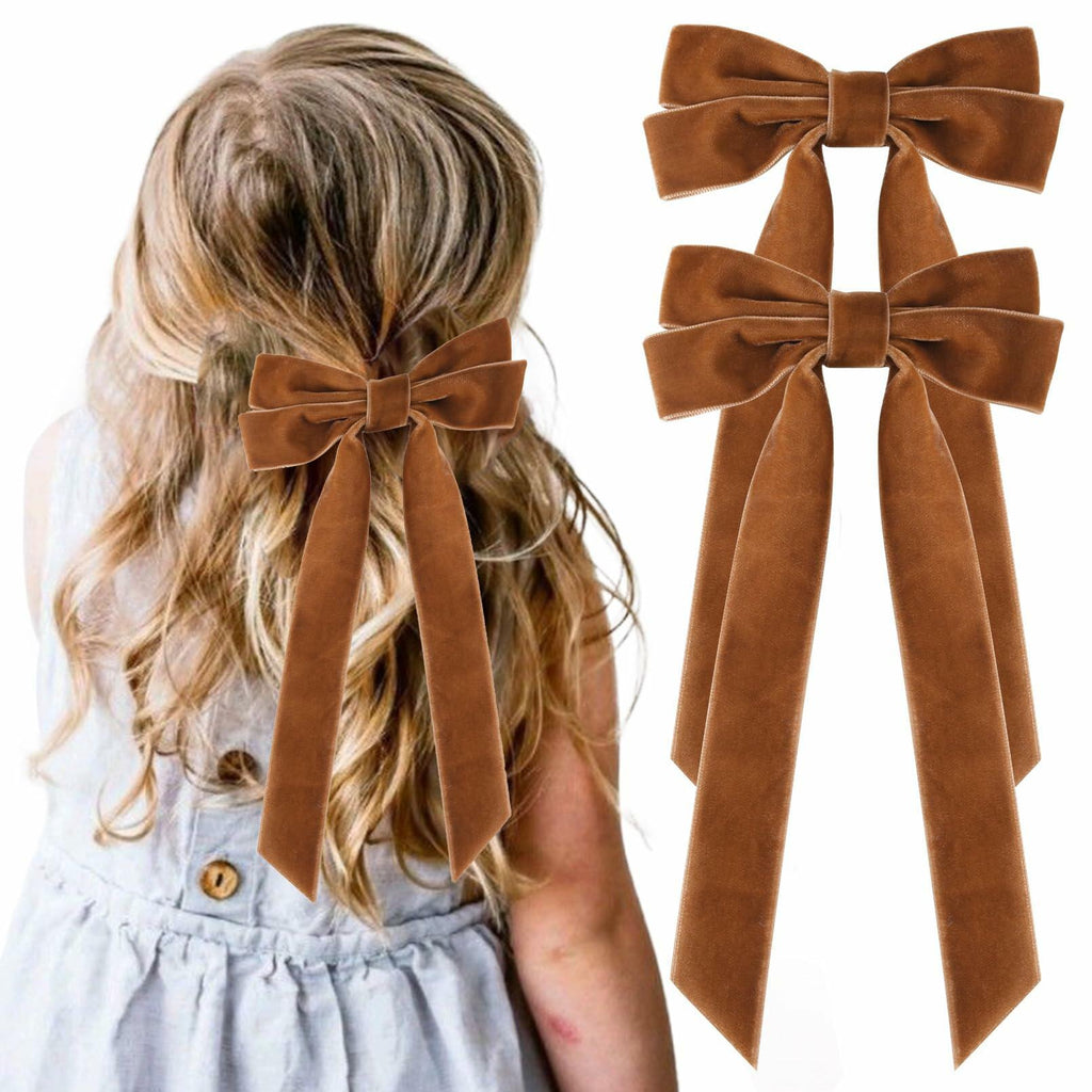 Brown velvet bow hair alligator clip with long ribbon tails
