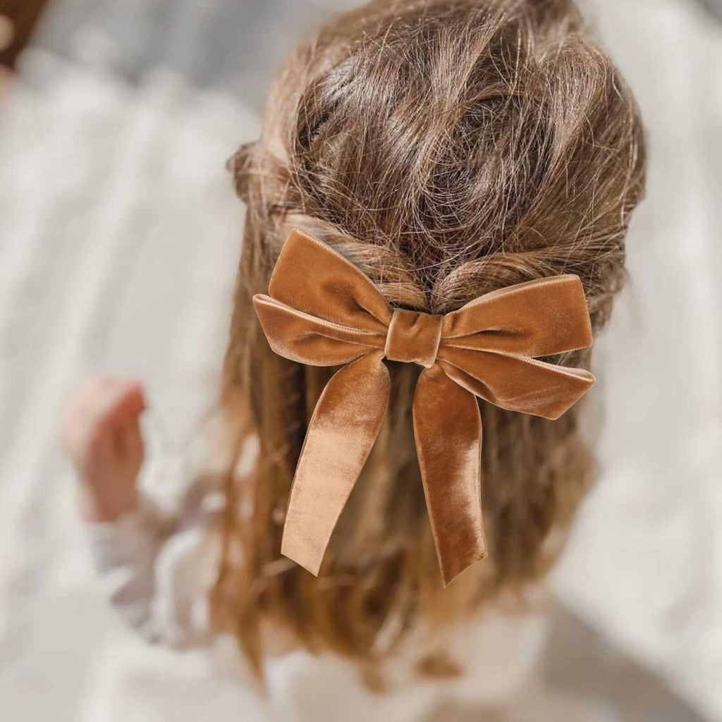 Brown velvet bow hair alligator clip on bun, double bow with long tails