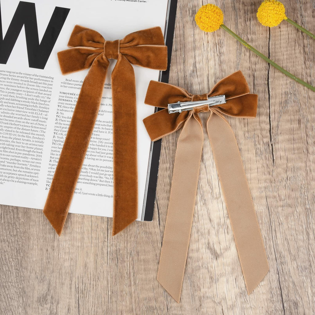 Brown and beige velvet bow alligator clip pair with silver snap bar