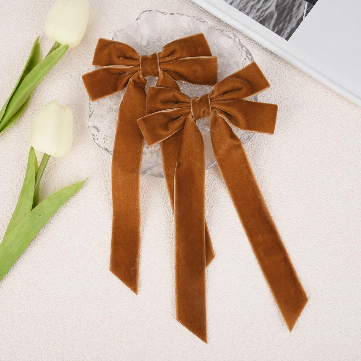 Set of brown velvet bow and beige velvet bow alligator clips with long tails
