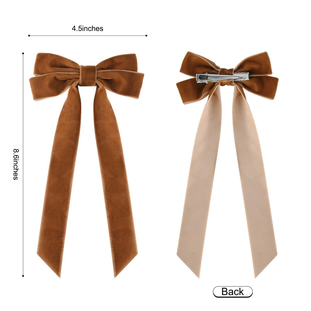 Brown and beige velvet bow alligator clips with long tails; front view