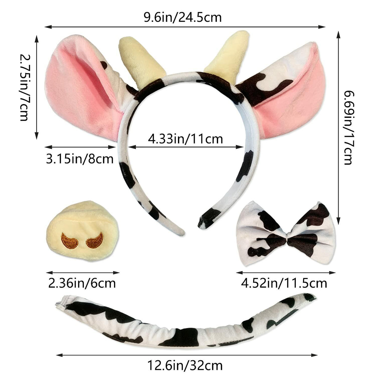 Cow costume set components: ears headband, bowtie, nose, and striped tail