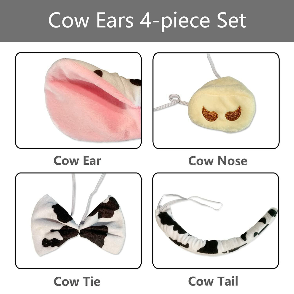 Cow costume accessories set: plush ears headband, bowtie, nose, and striped tail