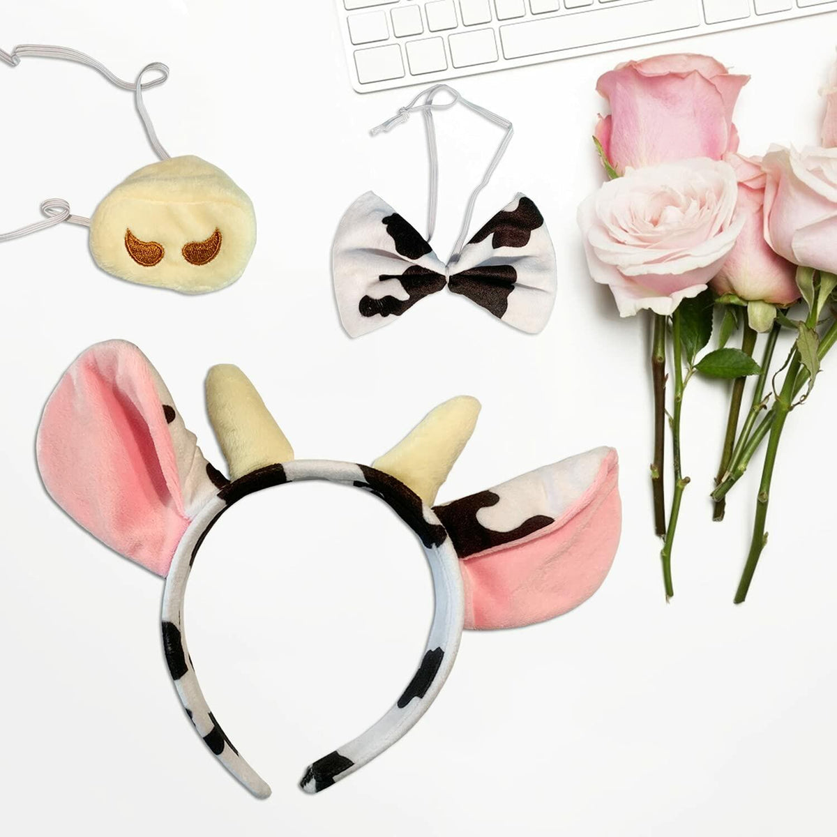 Cow costume accessories set: ears headband, bowtie, nose pad, and striped tail