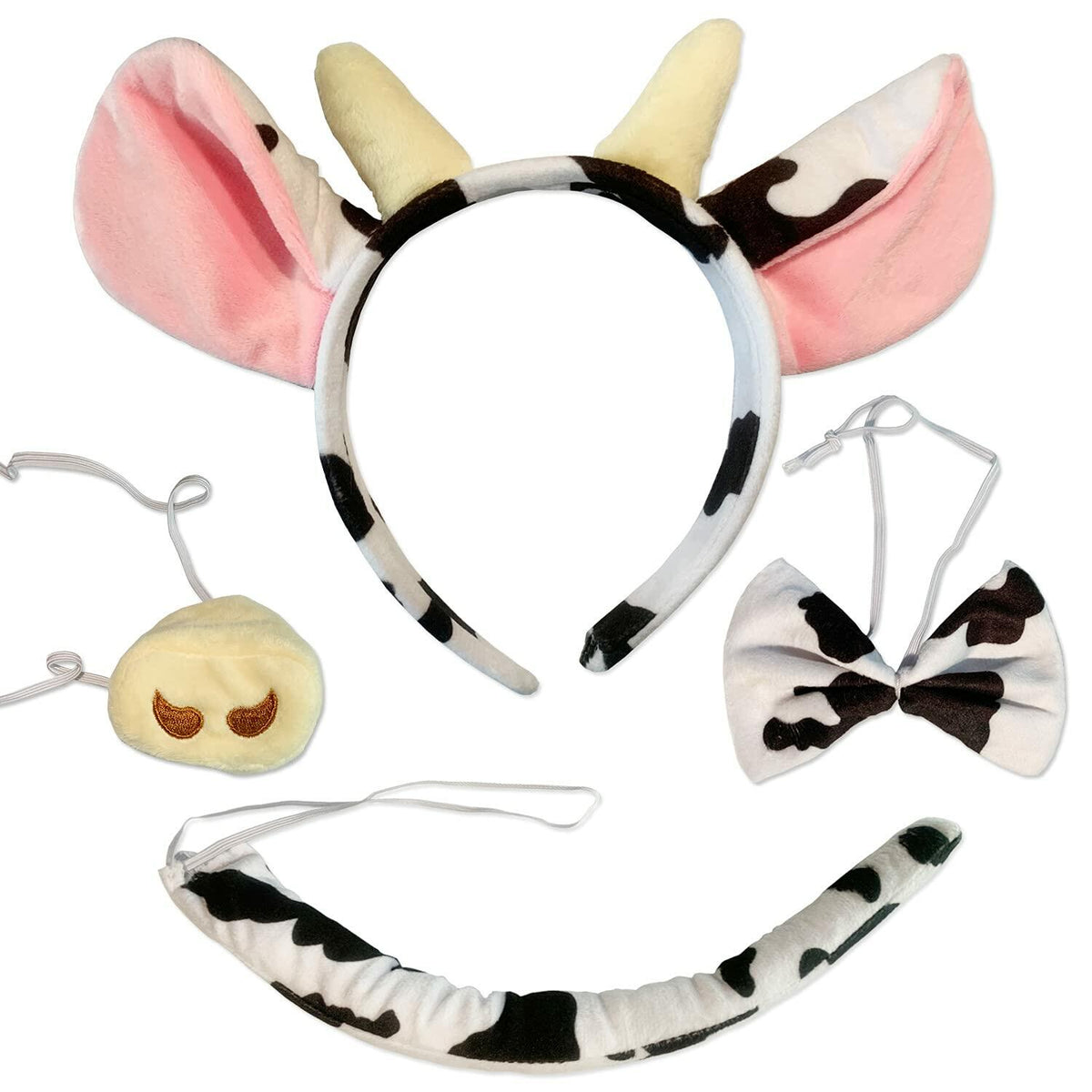 Cow costume set with headband ears, bowtie, nose, and striped tail, black-and-white plush
