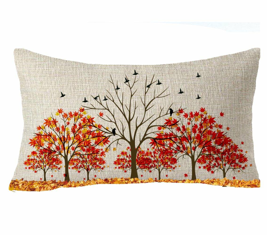 Autumn tree scene lumbar pillow cover with red and orange foliage and birds