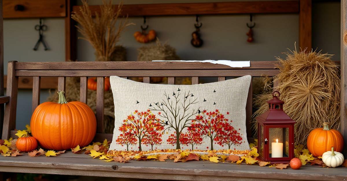 Autumn landscape pillow cover with two trees, red-orange foliage, and small birds