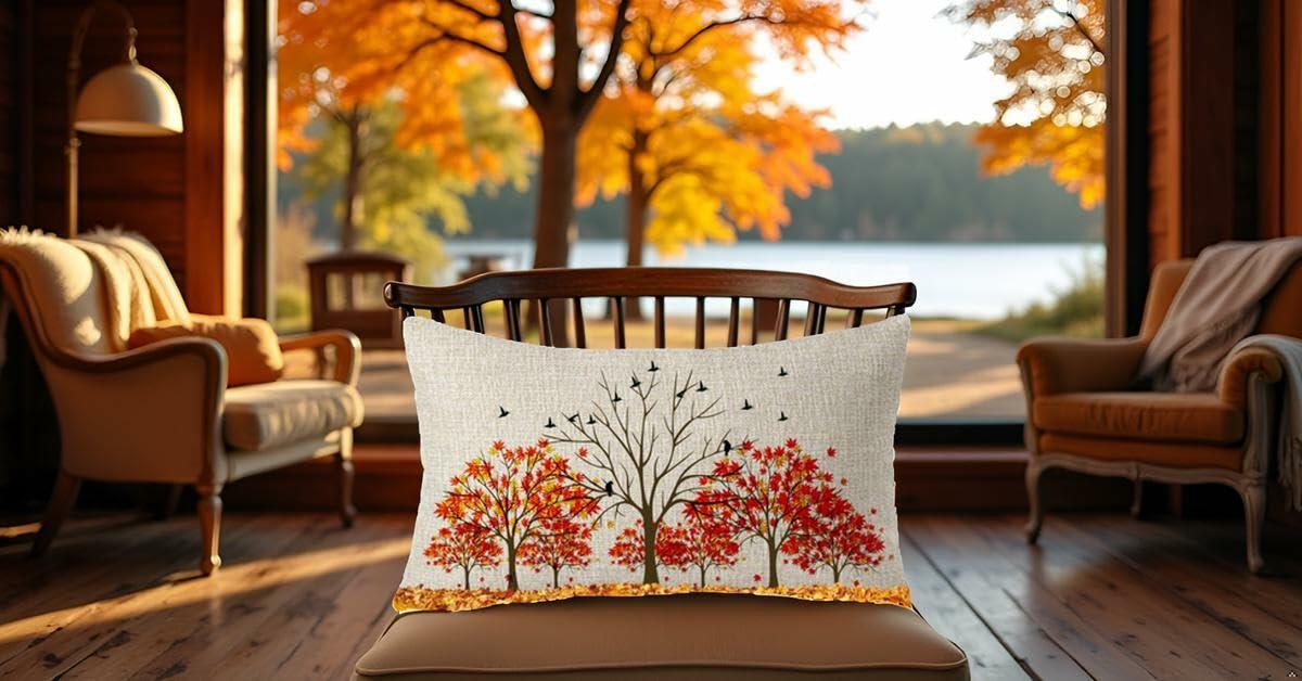 Rectangular lumbar pillow cover with autumn trees print in red, orange, and gray
