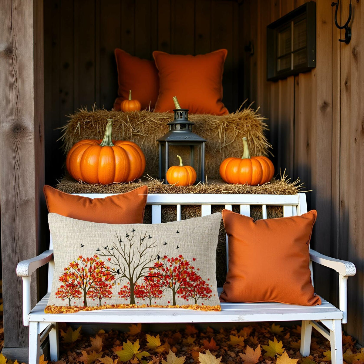 Lumbar pillow cover featuring three autumn trees with red and orange leaves