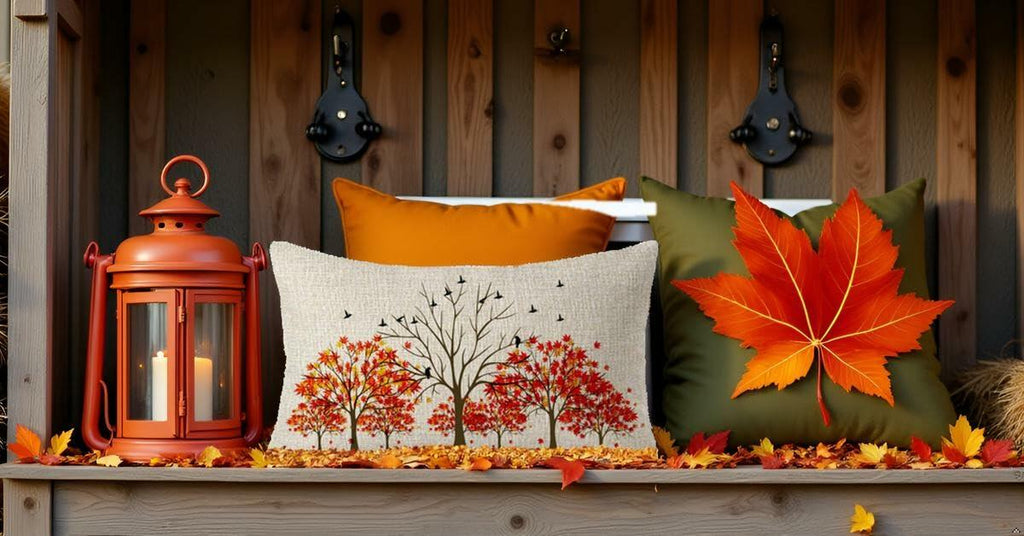 Lumbar pillow cover with fall trees design and colorful leaf clusters