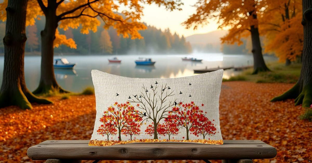 Lumbar pillow cover showing two autumn trees with red and orange leaves