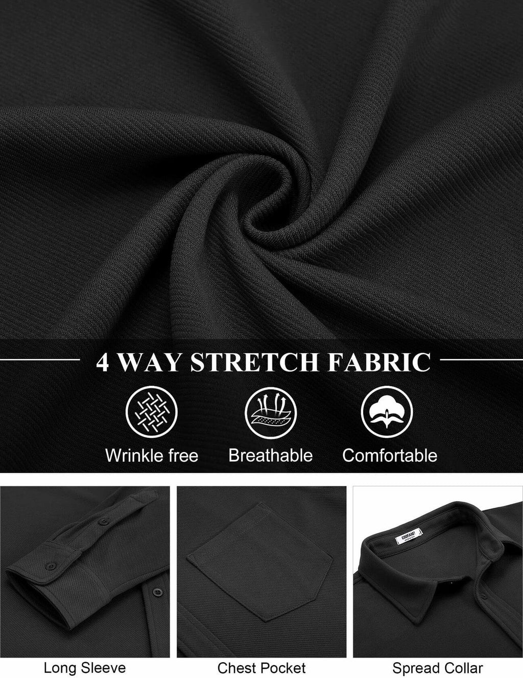Black 4-way stretch fabric with wrinkle-free, breathable, comfortable finish