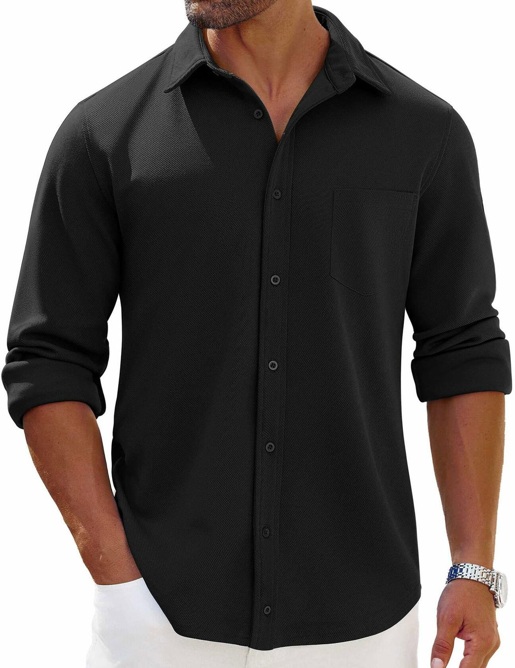 Men's button-down long-sleeve shirt with chest pocket, black