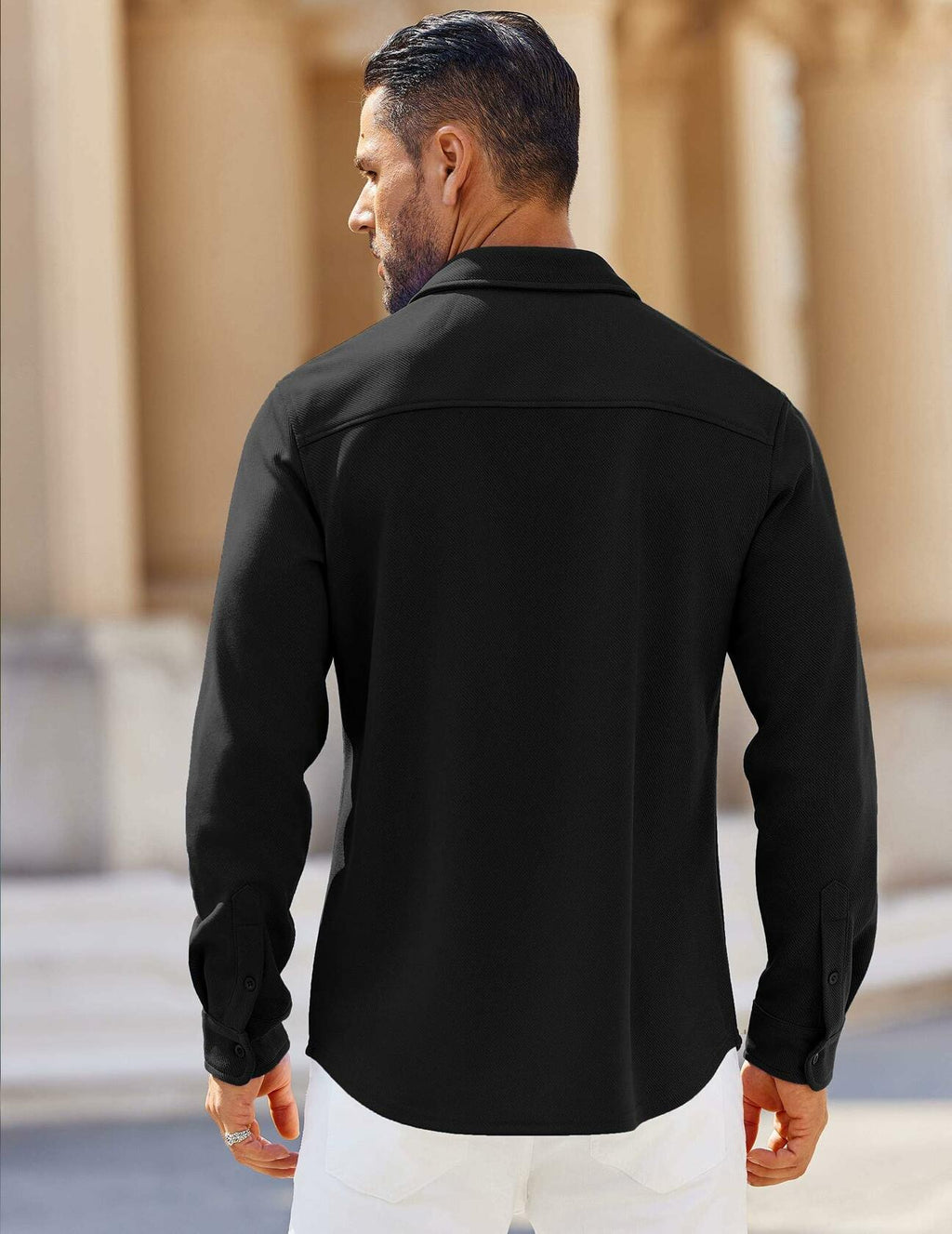 Men's black button-down shirt back view with long sleeves