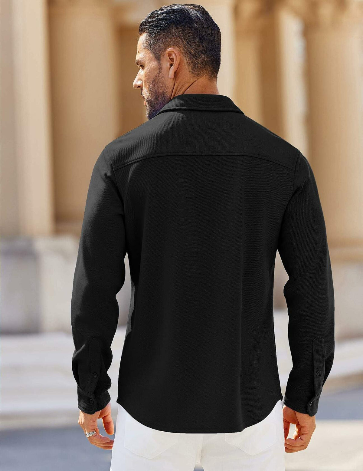 Men's black button-down shirt back view with long sleeves