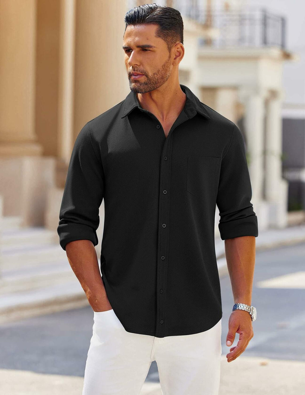 Men's black button-down shirt with chest pocket and long sleeves